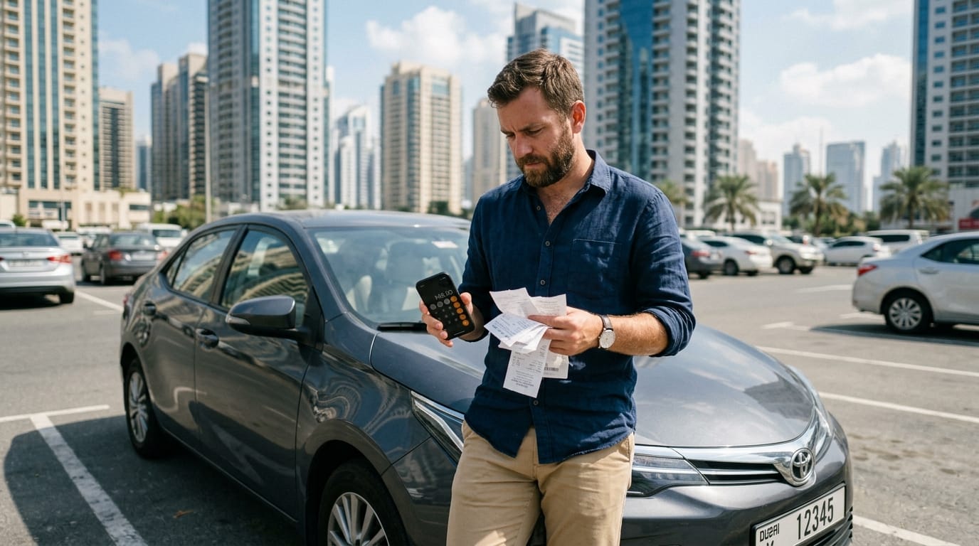 Expat reviewing car costs and bills next to his car in a Dubai parking lot