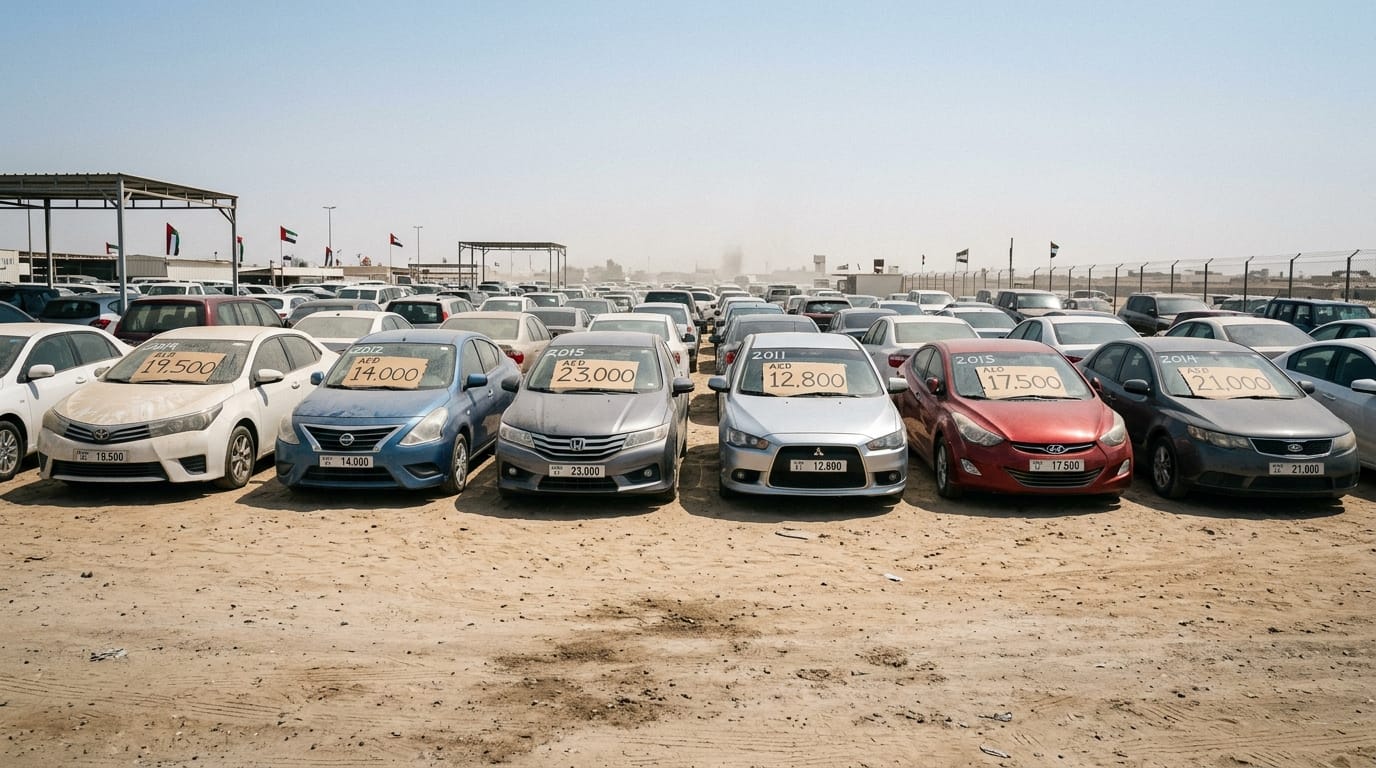 Two male used car dealers standing near a row of sedans at an Al Aweer Dubai market lot with handwritten AED price signs on windshields under harsh midday sunlight