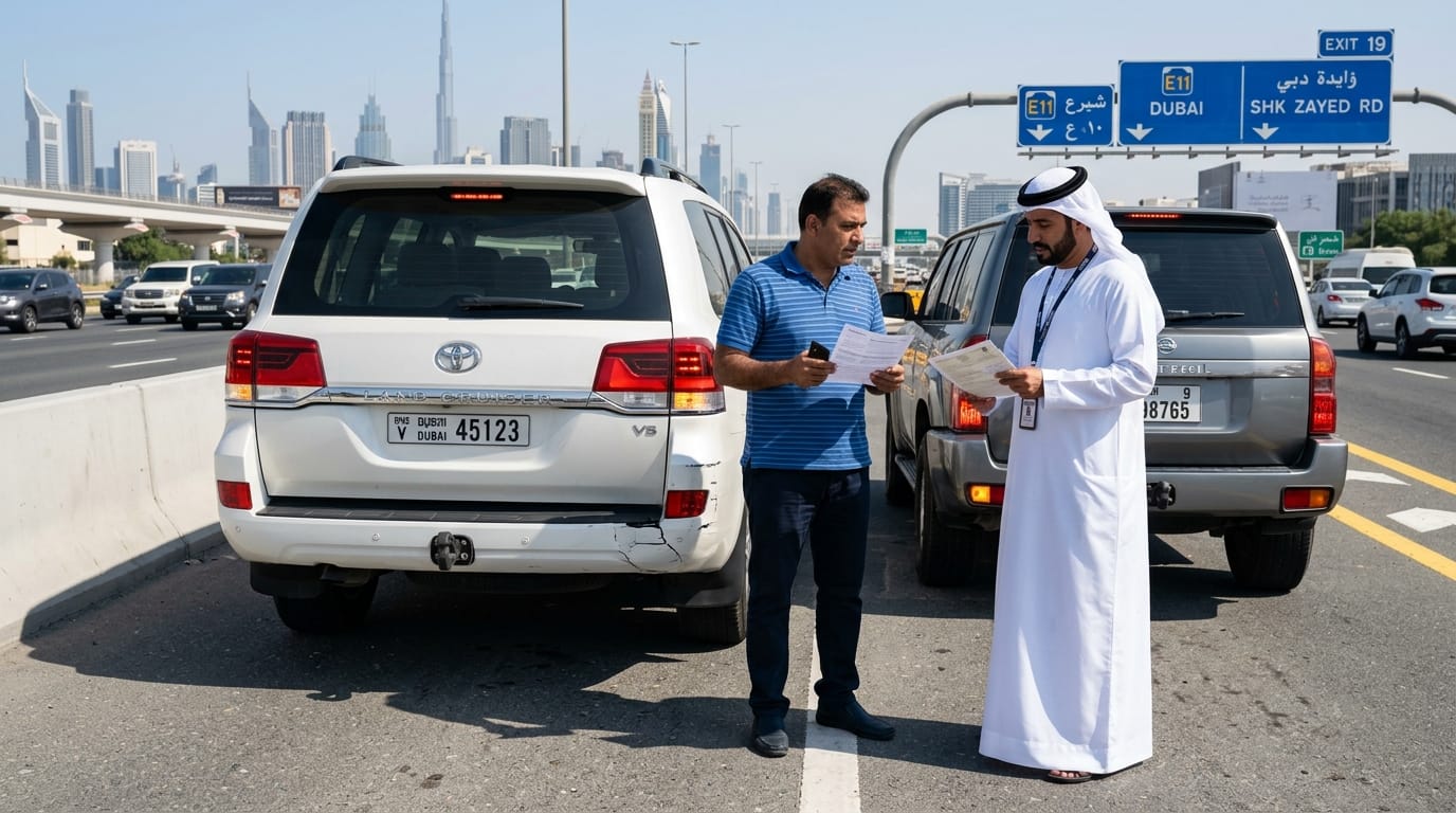 Two male drivers exchanging documents beside damaged vehicles on a Dubai highway after a road accident with UAE traffic visible in the background