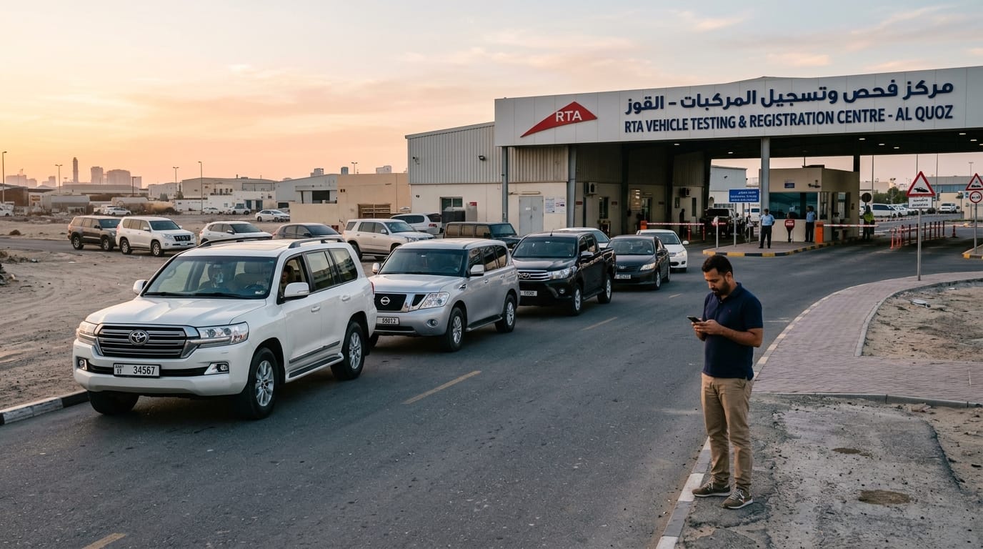 Queue of cars outside an RTA vehicle testing centre in Al Quoz Dubai in the morning, UAE licence plates visible, man in casual clothes checking his phone near the front