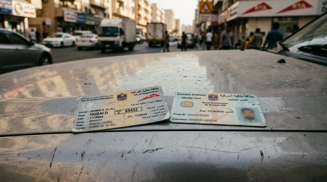 RTA vehicle transfer document Mulkiya and Emirates ID laid on car bonnet Dubai