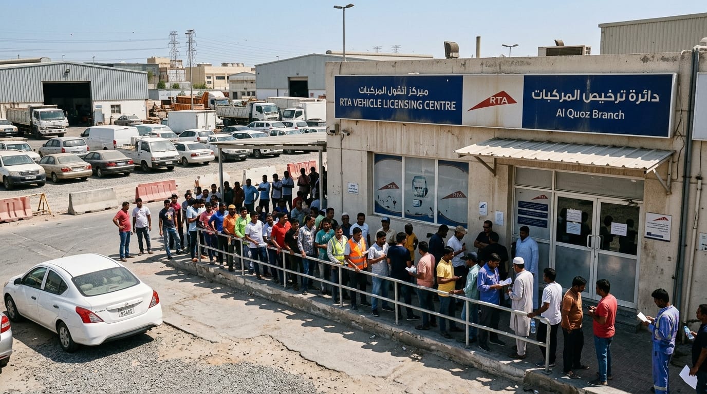 RTA vehicle licensing centre Al Quoz Dubai expat car transfer queue