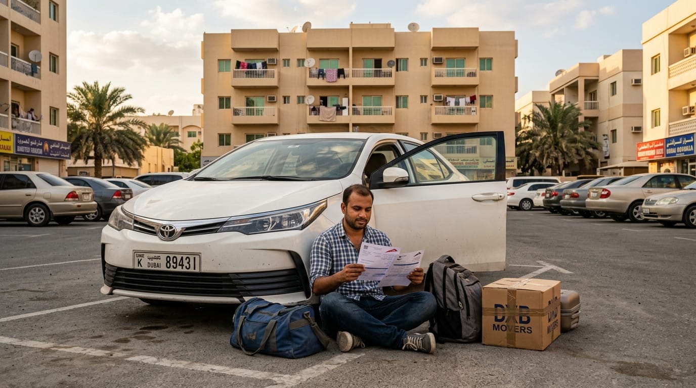 Expat man sitting beside a white Toyota Corolla in a Dubai residential parking lot, travel bags and boxes visible nearby, holding car registration documents