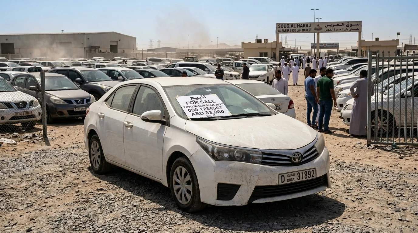 Clean white Toyota Corolla parked outside Al Aweer used car market Dubai with handwritten for-sale sign on windshield under harsh afternoon sunlight
