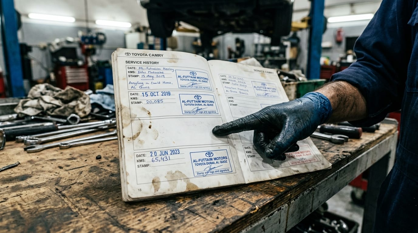 Close-up of a vehicle service booklet open on a workshop table showing three official stamp entries with visible gaps in service mileage coverage between entries