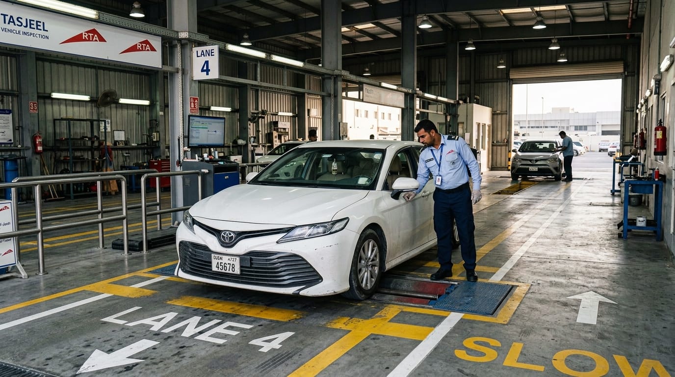 A used Toyota sedan positioned at a Tasjeel vehicle inspection lane in Dubai UAE with a male RTA technician in uniform checking the vehicle exterior