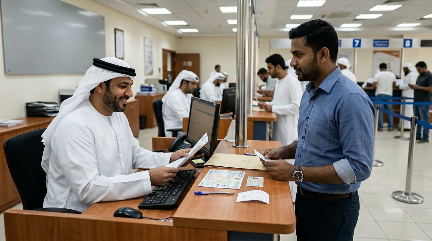Two men standing at a Tasjeel vehicle registration counter in Dubai completing a used car ownership transfer with documents on the counter