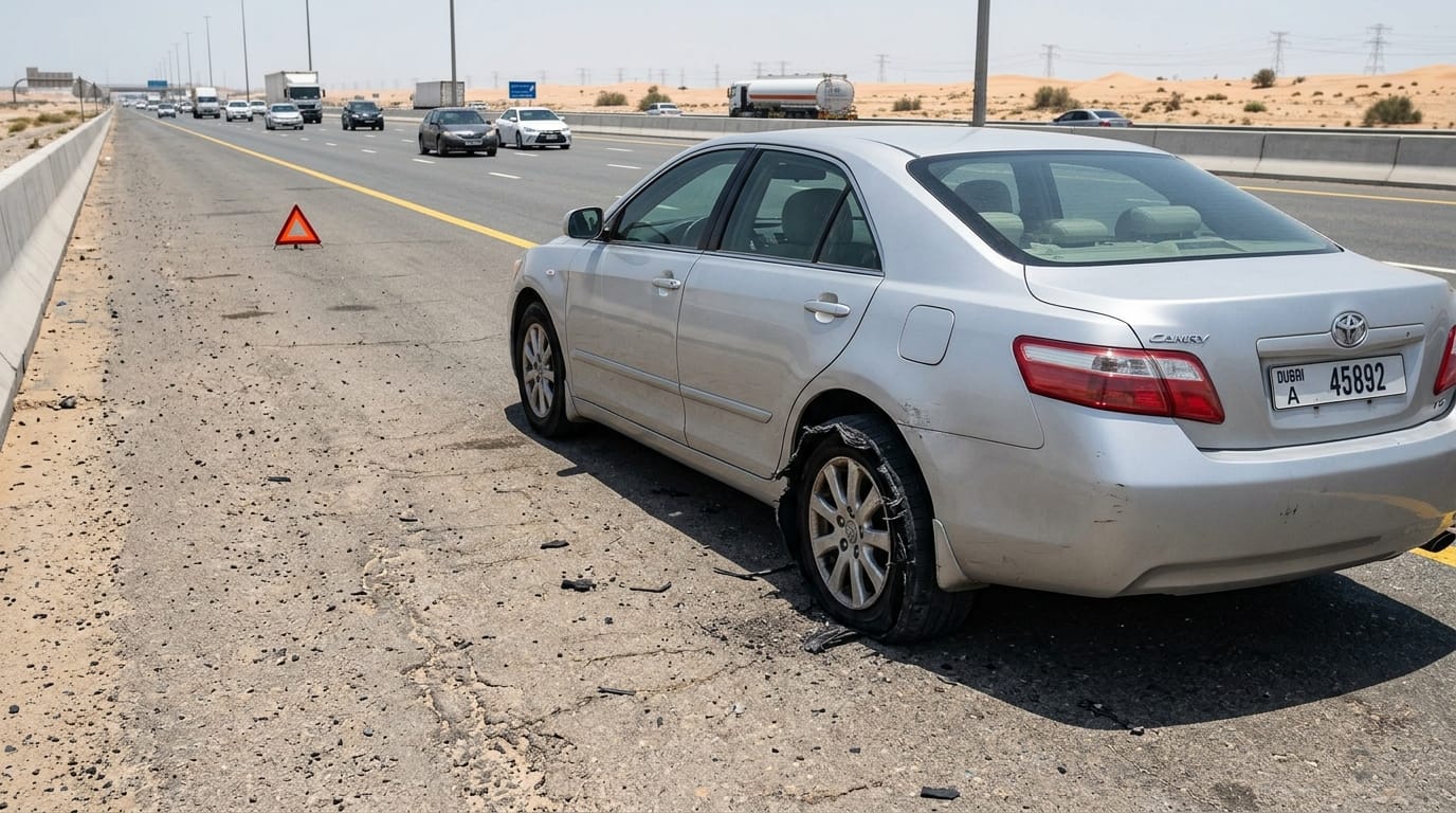 Close-up of a severely blown-out rear tire on a silver sedan parked on the hard shoulder of a UAE highway at midday, asphalt cracked from heat, orange emergency triangle visible behind the vehicle