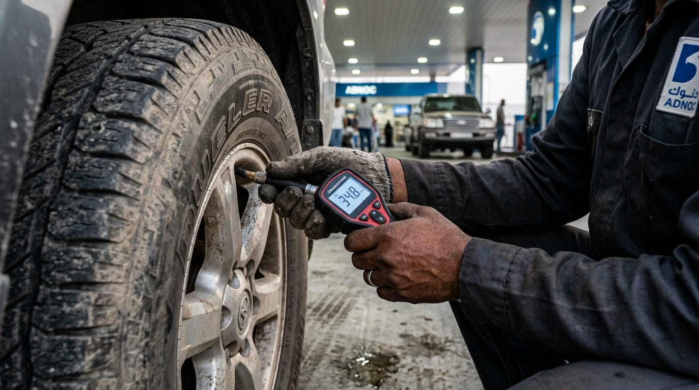Male Arab mechanic using a professional tire pressure gauge on the rear tire of a white Toyota Fortuner at an ADNOC petrol station in Dubai