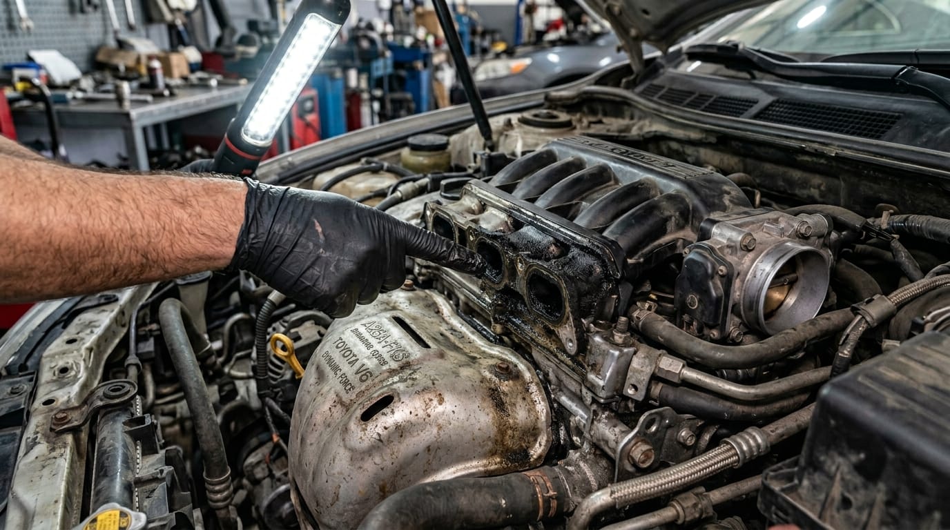 Close-up of a Toyota Camry 2018 A25A-FKS engine bay in a Dubai workshop showing a male mechanic pointing to the intake manifold area during a carbon inspection