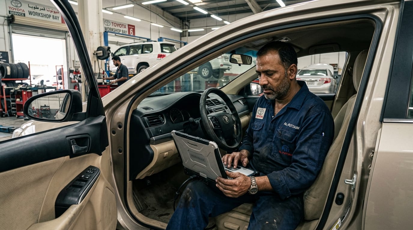 Male mechanic in blue overalls using a Toyota Techstream diagnostic scanner connected to a 2018 Toyota Camry inside a Dubai Al Quoz workshop