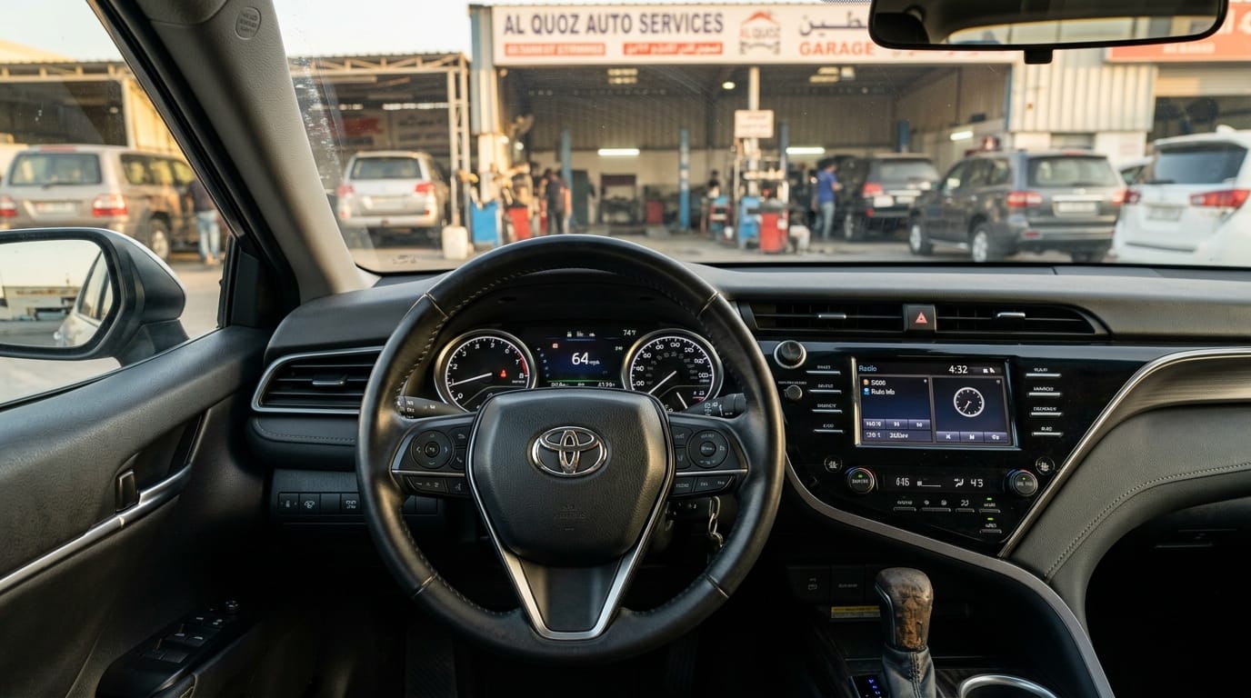 Interior view of a clean 2018 Toyota Camry dashboard from the driver's seat with an Al Quoz workshop visible through the windshield