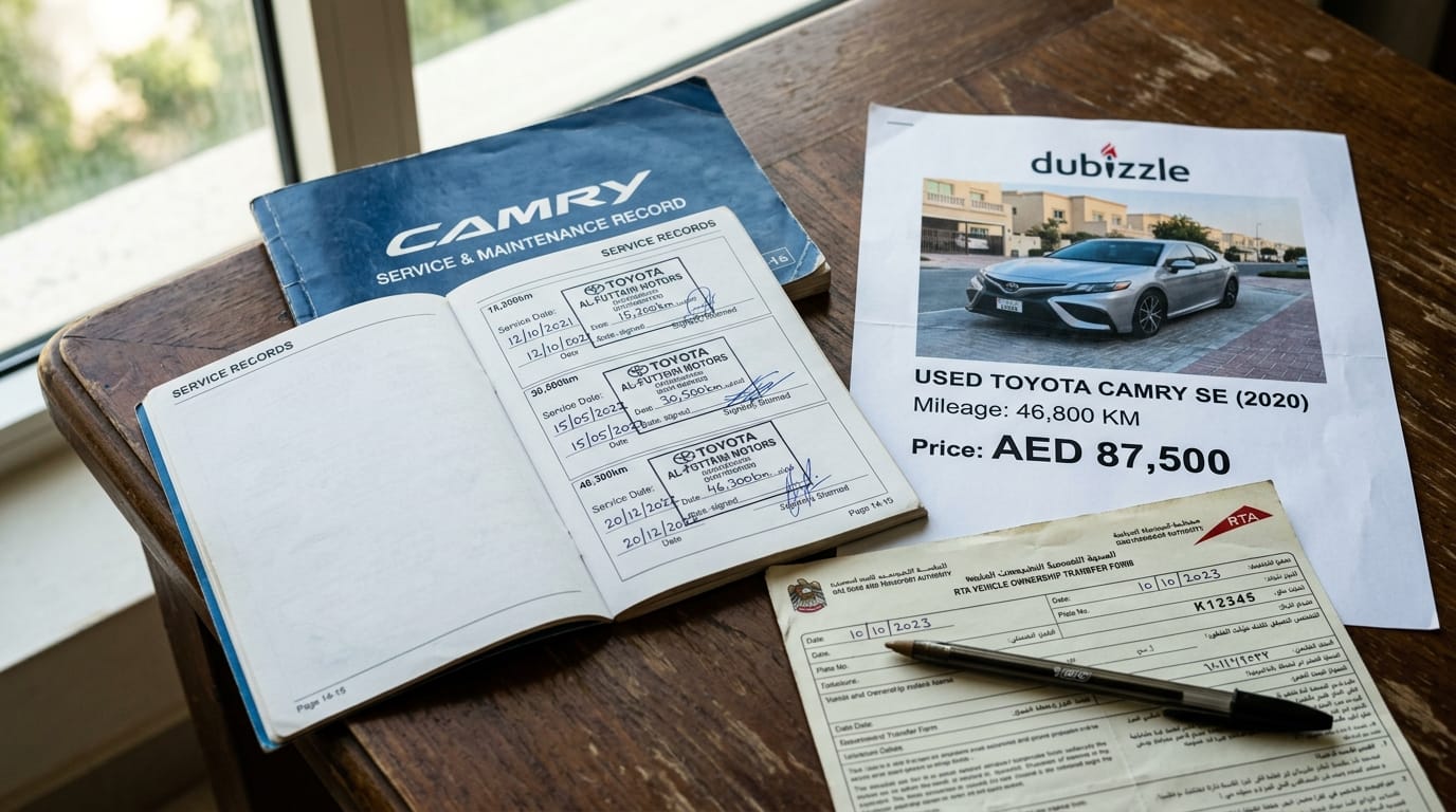 Toyota Camry service booklet open on a table showing agency maintenance stamps alongside a Dubizzle listing printout and UAE vehicle transfer documents
