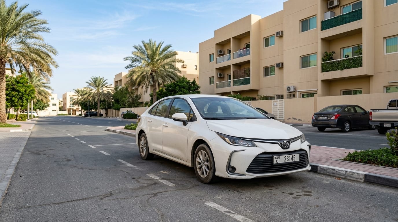 White 2020 Toyota Corolla 1.6L GCC parked on a clean Dubai street with low-rise buildings in the background under clear UAE sky