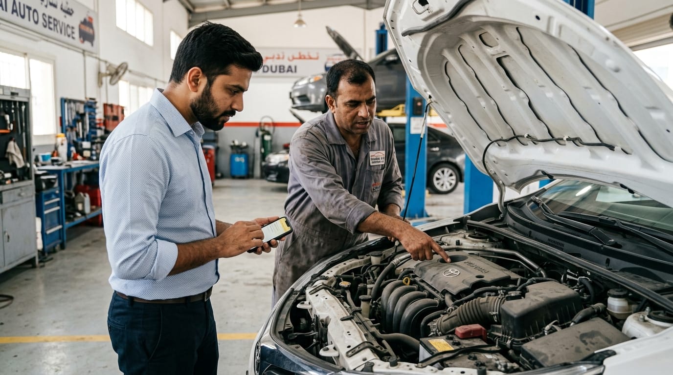 Male expat inspecting a white Toyota Corolla engine bay in a clean Dubai independent workshop with a mechanic standing beside him reviewing findings
