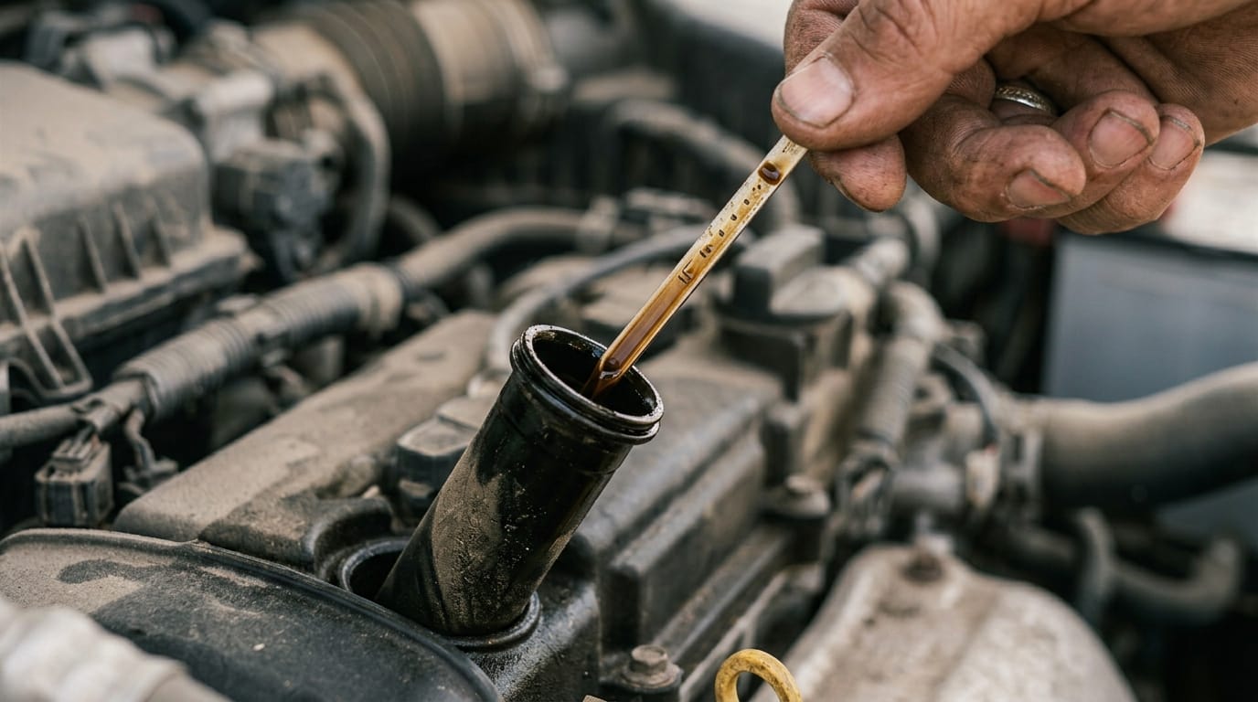 Close-up of engine oil dipstick being checked on a Toyota Corolla in UAE workshop conditions