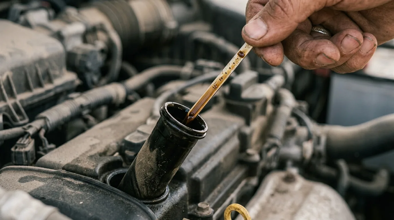 Close-up of engine oil dipstick being checked on a Toyota Corolla in UAE workshop conditions