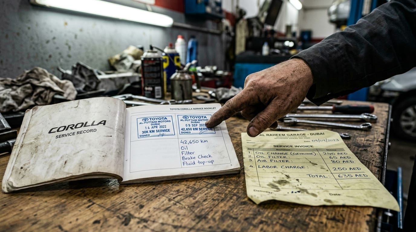 Toyota Corolla service booklet open to a stamped agency service page on a workshop table alongside an itemized maintenance invoice in AED in Dubai