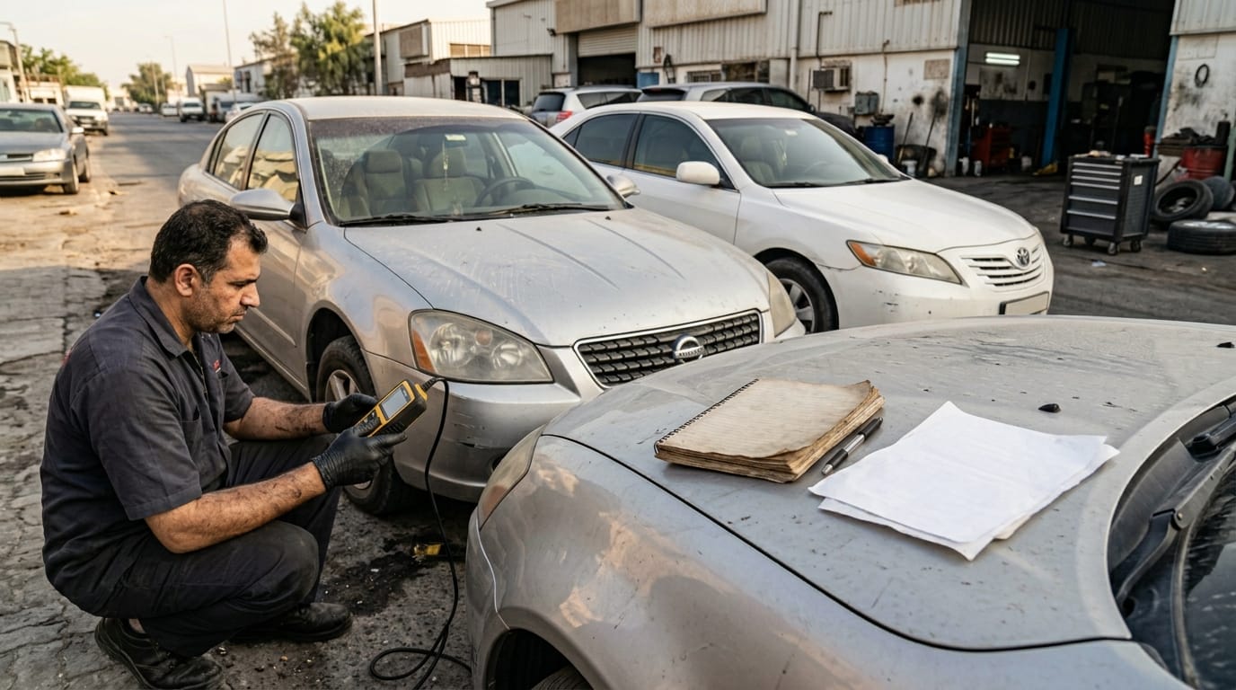 Two used sedans parked side-by-side on an Al Quoz industrial street in Dubai with a mechanic holding an OBD scanner and service records