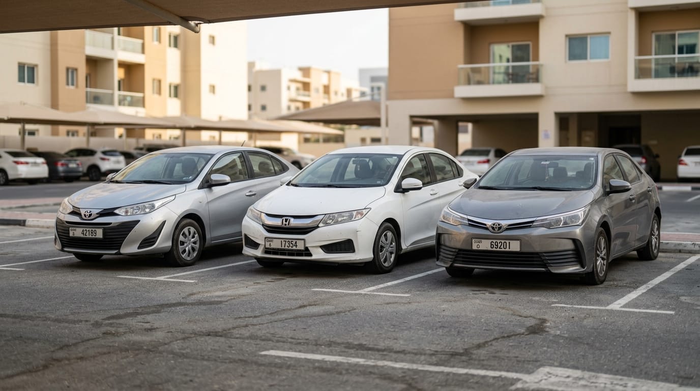 Front three-quarter view of a silver Toyota Yaris and white Honda City parked in a residential parking area in Dubai side by side