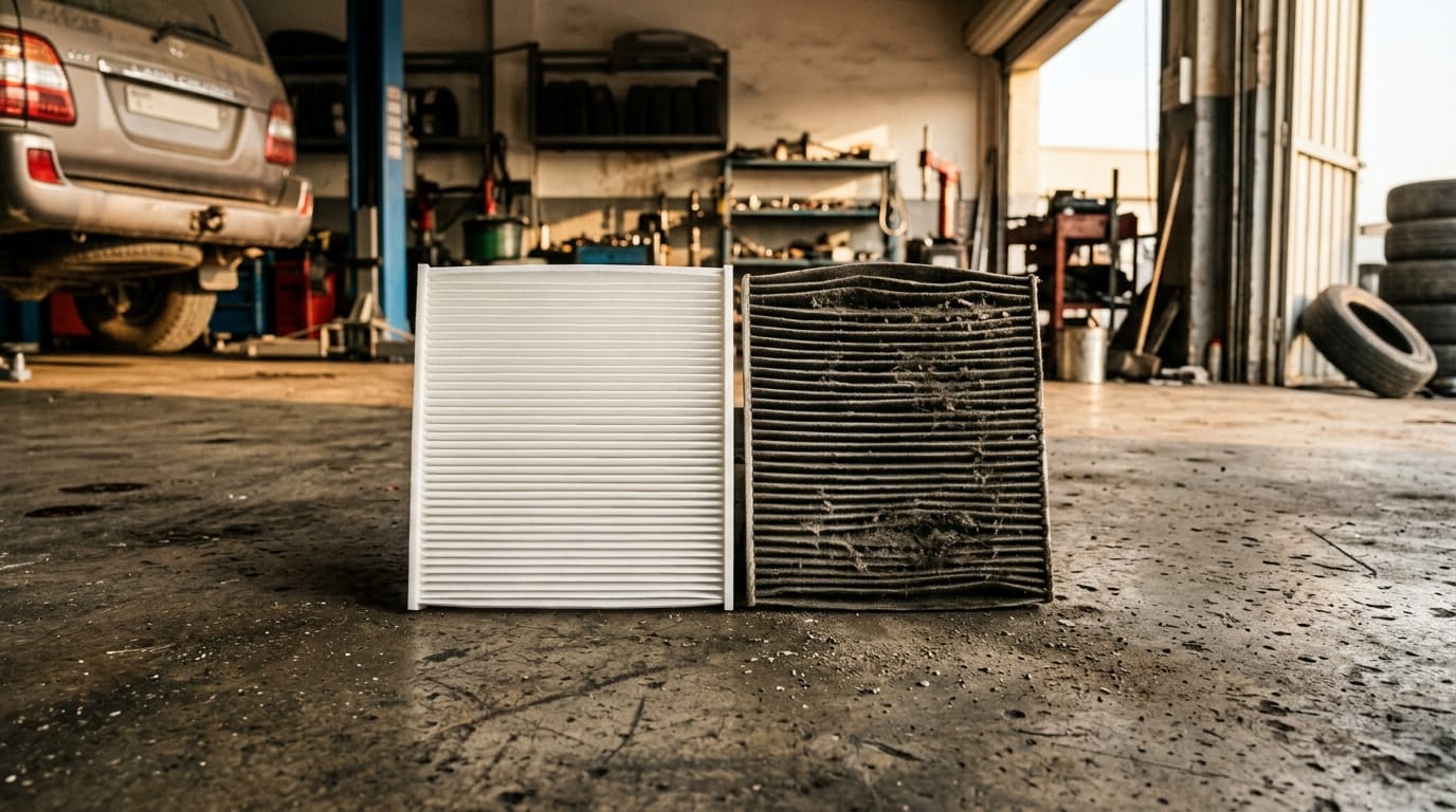 Close-up of a new clean white cabin air filter next to a black dust-clogged filter
