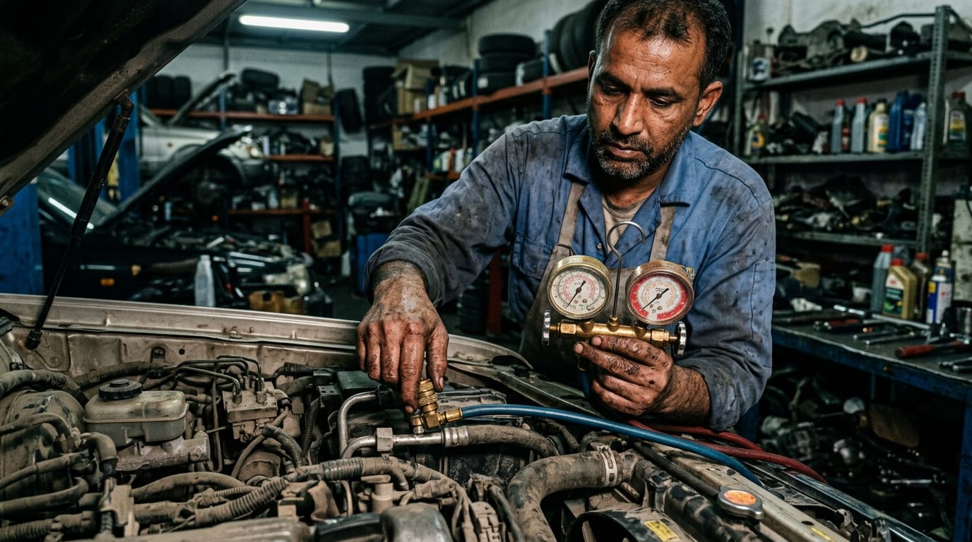South Asian mechanic testing AC pressure lines with manifold gauges in Al Quoz garage