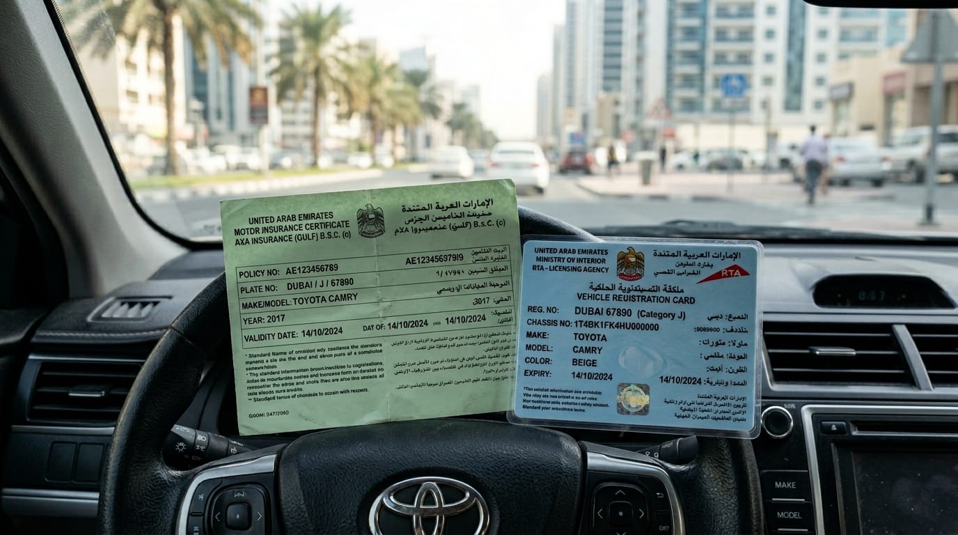 UAE motor insurance certificate printed on green paper and a blue UAE vehicle registration card Mulkiya placed on the dashboard of a used sedan in Dubai