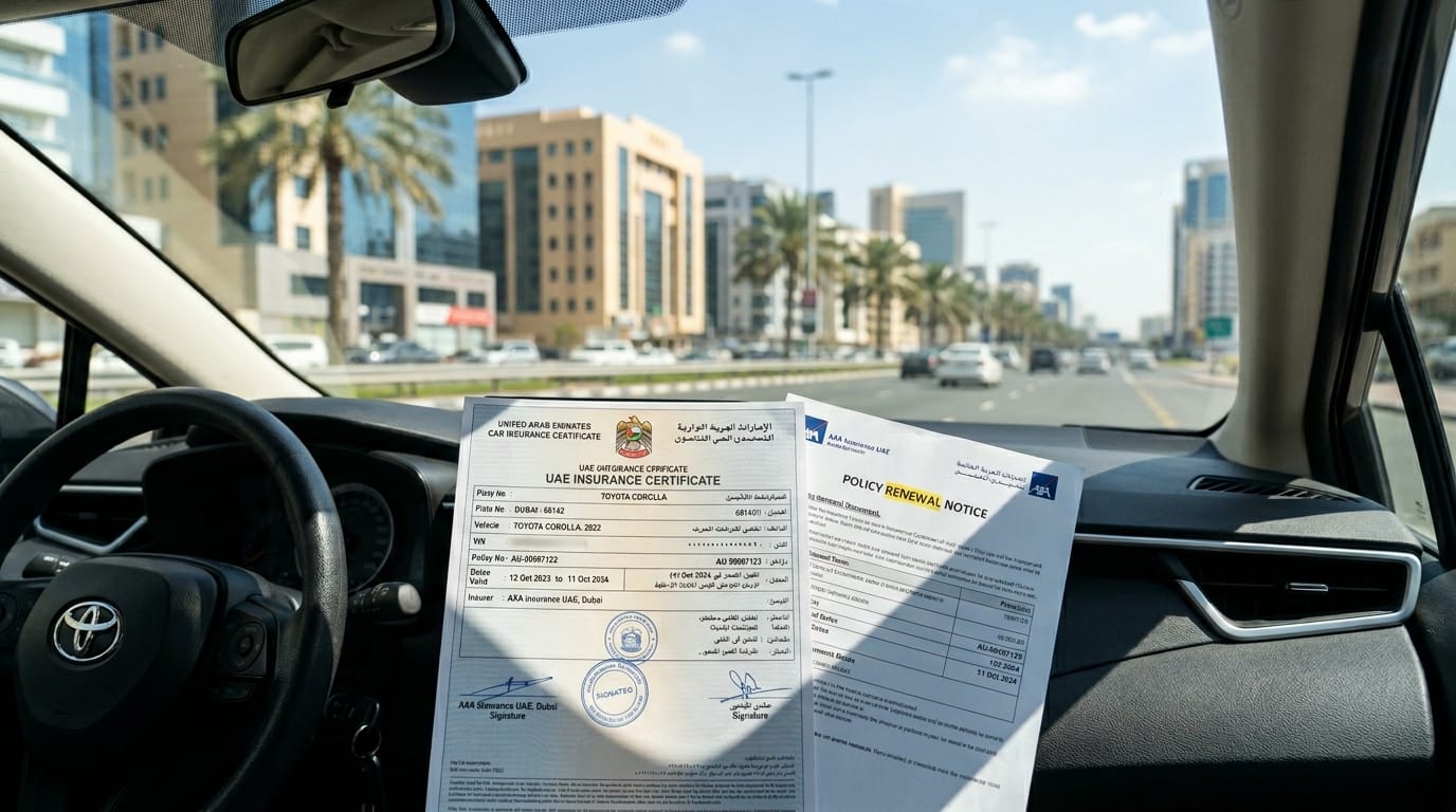 UAE car insurance policy documents and renewal certificate placed on the dashboard of a Toyota Corolla with Dubai city visible through the windshield