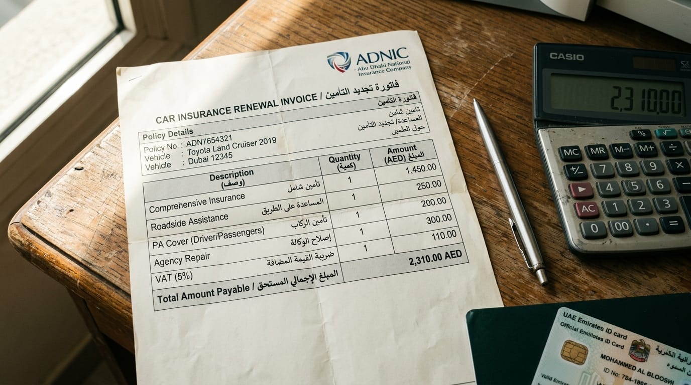 Close-up of a UAE car insurance renewal invoice on a desk showing itemized charges in AED with a calculator and Emirates ID beside it