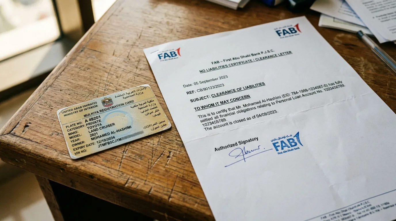 Close-up of UAE Mulkiya registration card and car keys on wooden surface with bank clearance letter and RTA transfer documents visible