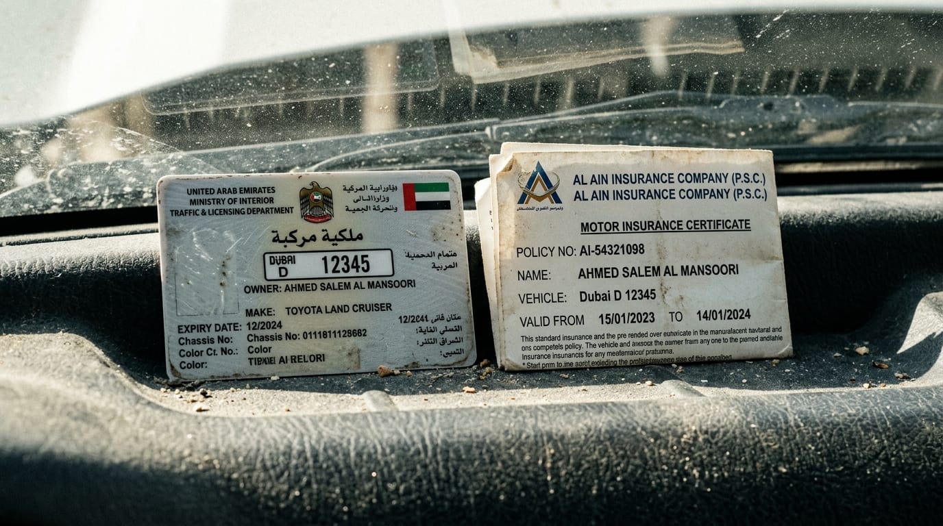 Close-up of a UAE vehicle Mulkiya registration card and insurance certificate placed side by side on a car dashboard with expiry dates visible and a Toyota steering wheel visible in background