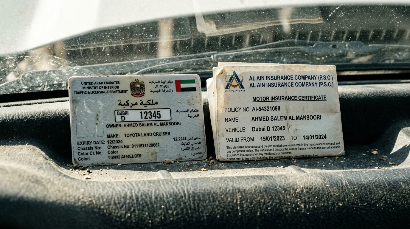 Close-up of a UAE vehicle Mulkiya registration card and insurance certificate placed side by side on a car dashboard with expiry dates visible and a Toyota steering wheel visible in background