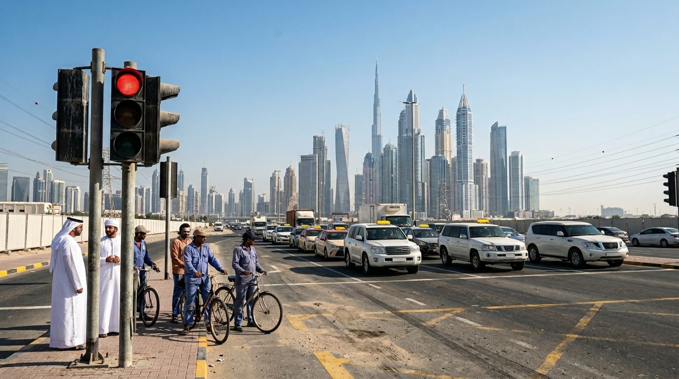 Wide-angle photograph of a UAE traffic intersection showing red traffic light signal against modern Dubai skyscrapers and clear desert sky