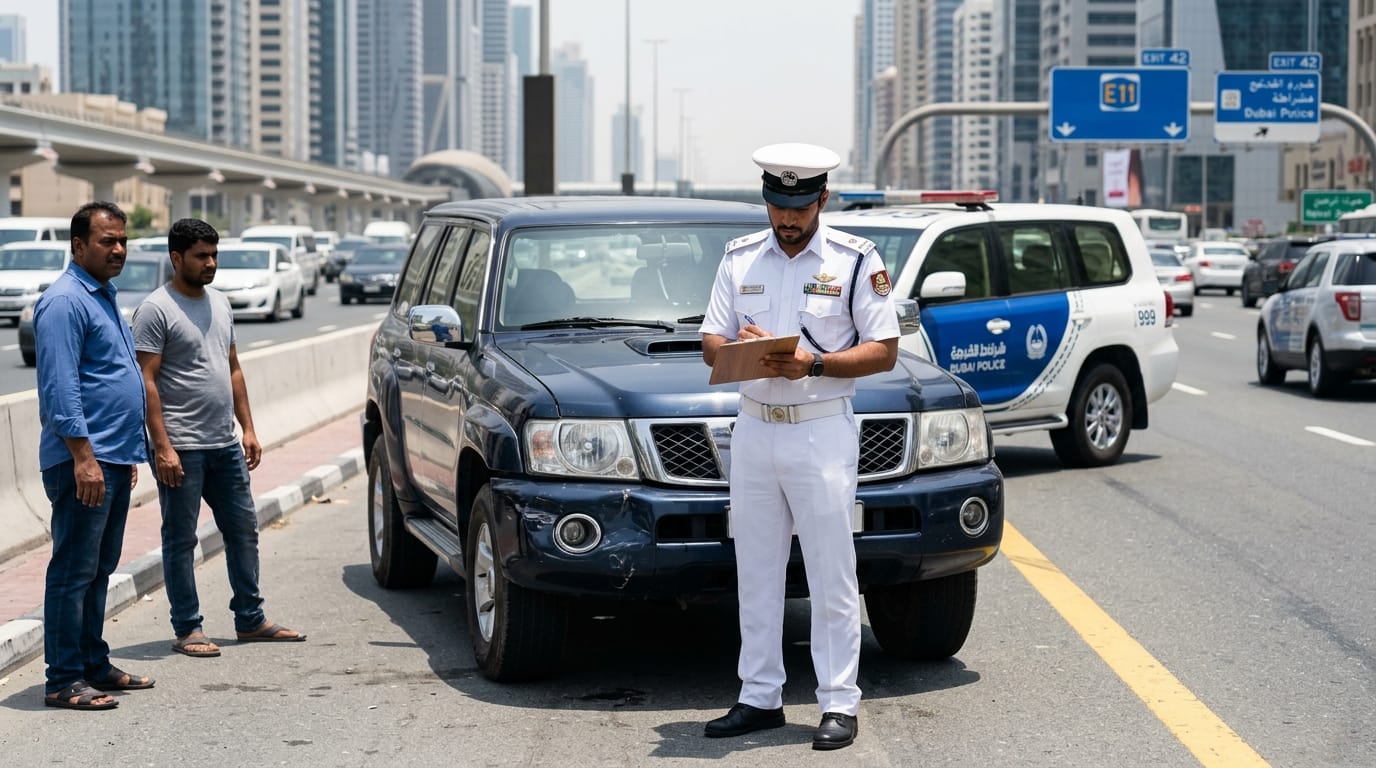 UAE traffic police officer writing an accident report beside two vehicles on a Dubai road with the Dubai Police car visible and both male drivers standing nearby