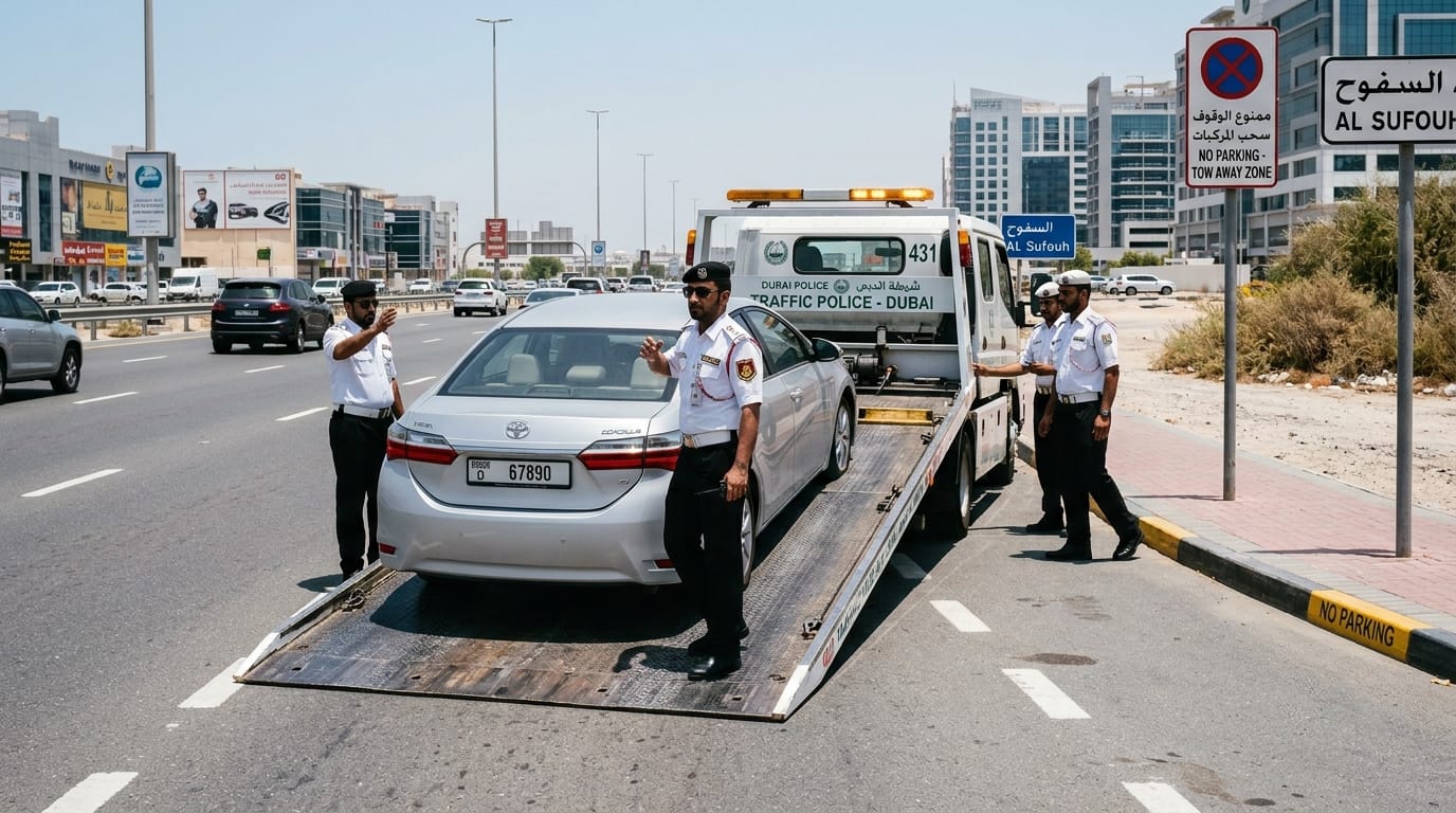 UAE traffic police RTA tow truck loading a silver sedan onto a flatbed in a Dubai street during vehicle impoundment operation