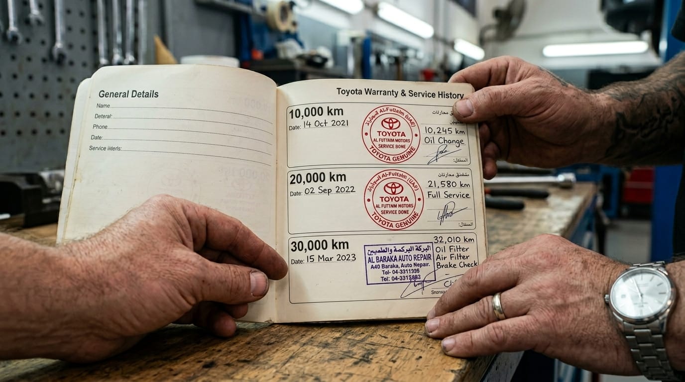 Close-up of a UAE used car service book showing Toyota agency stamps at 10,000 and 20,000 km with a gap at 30,000 km showing an independent workshop stamp instead held open by male hands in a workshop