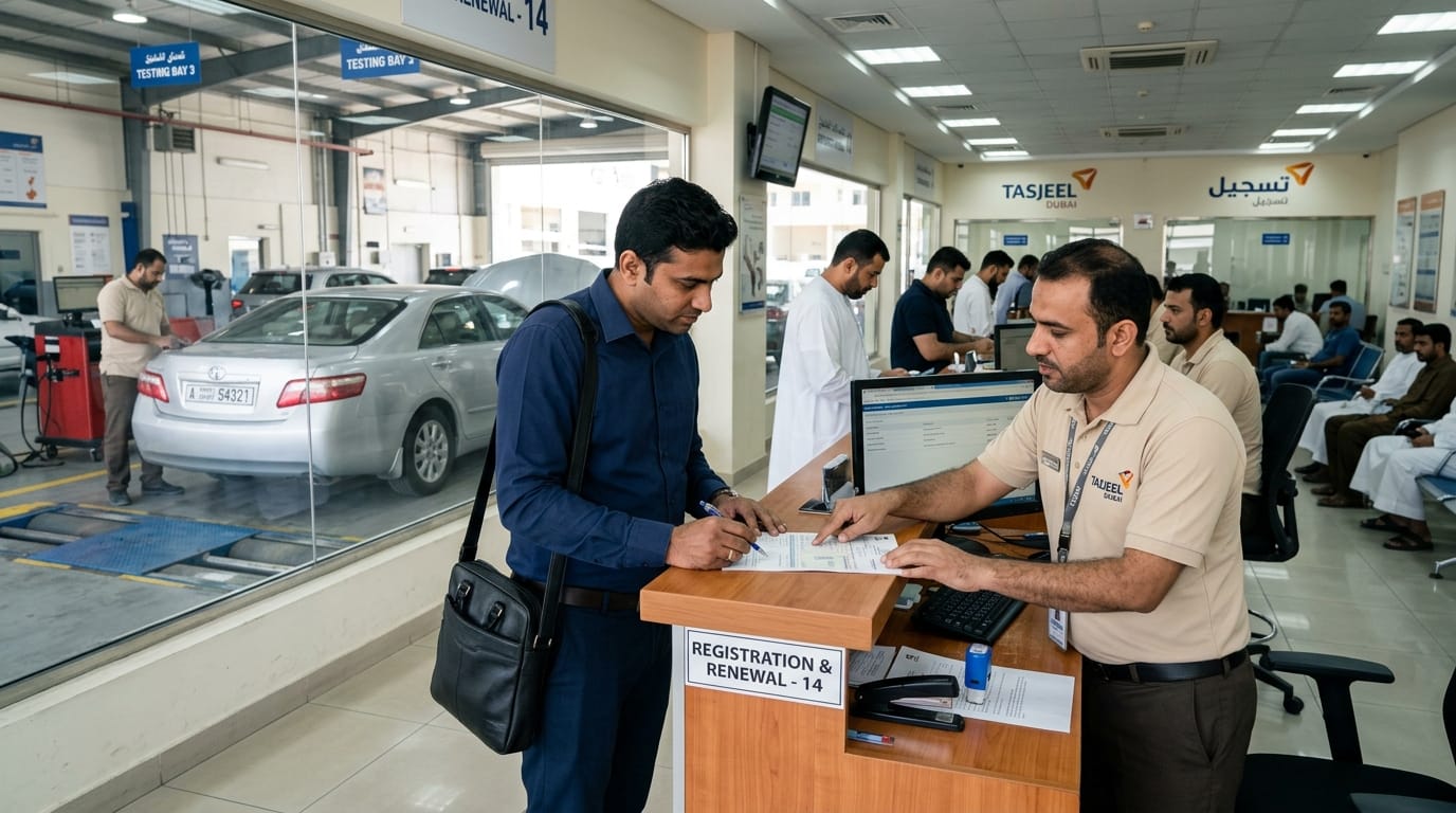Male expat and buyer completing UAE vehicle transfer paperwork at a Tasjeel service center counter in Dubai with the Toyota Camry visible through the glass behind them