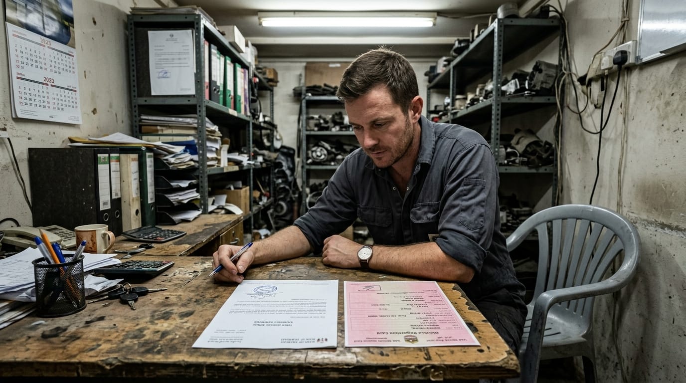 Expat buyer reviewing car ownership documents and bank clearance letter at a Dubai used car workshop