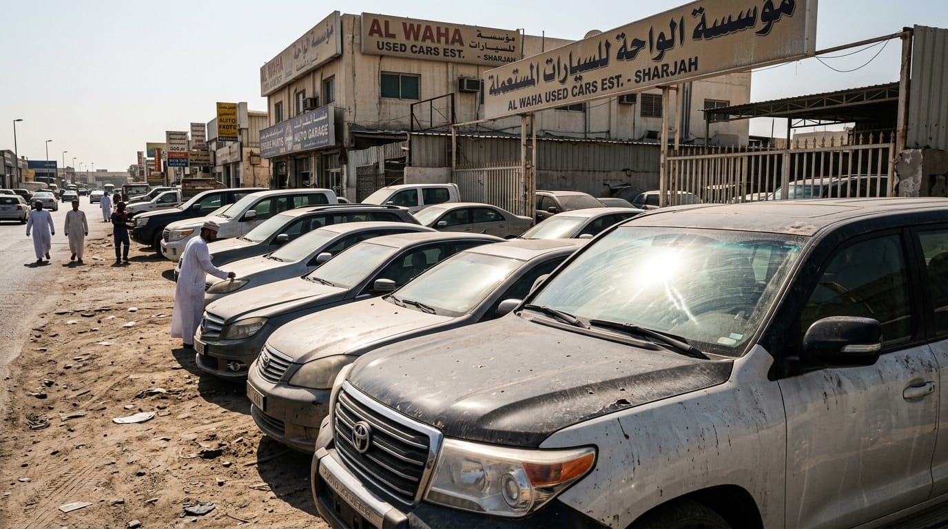 Exterior view of a used car dealership in Sharjah reflecting bright sunlight off the windshields