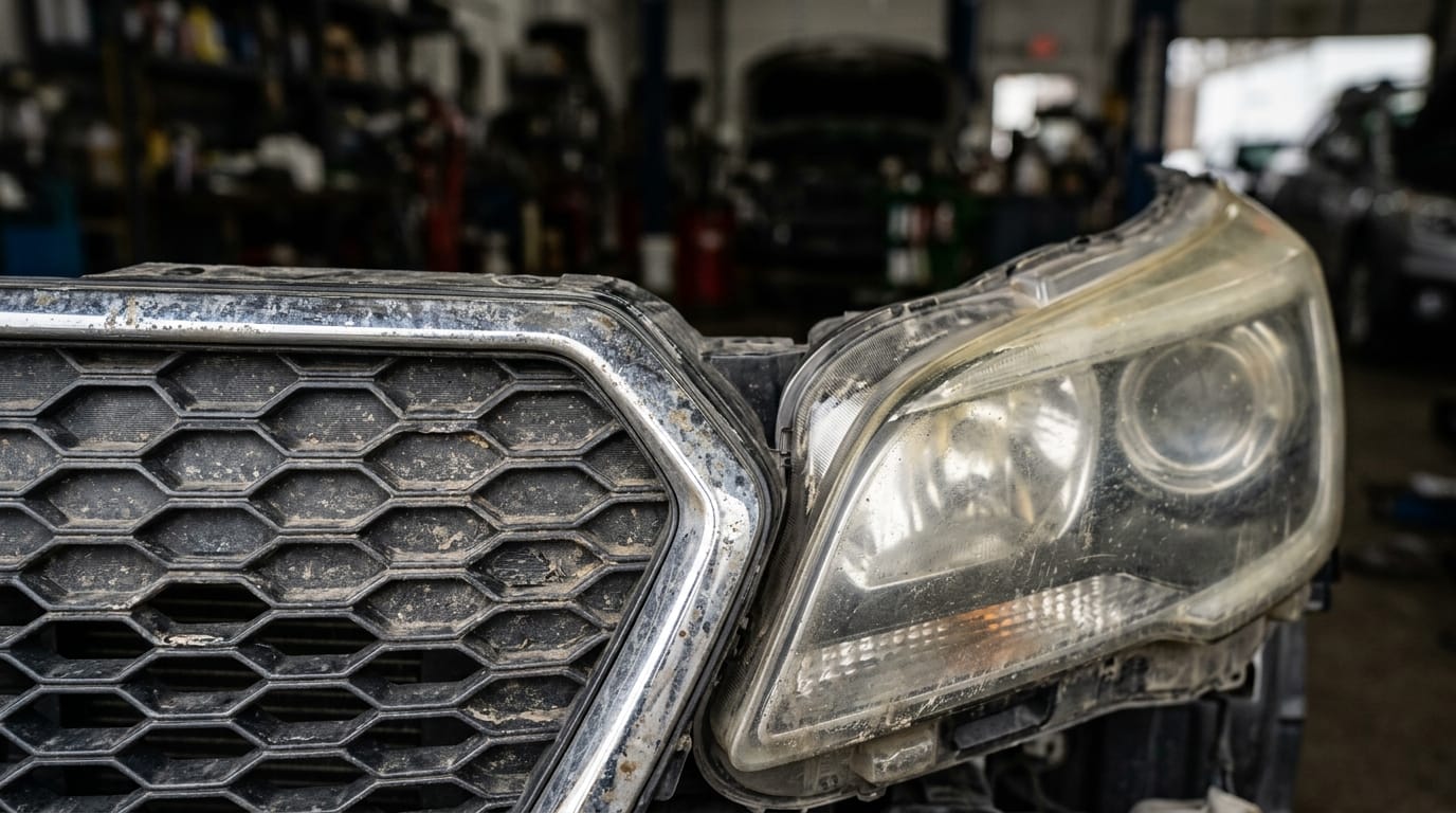 Close up view of the front grille and headlight of an aged 2017 sedan showing realistic dust and wear in a Dubai workshop