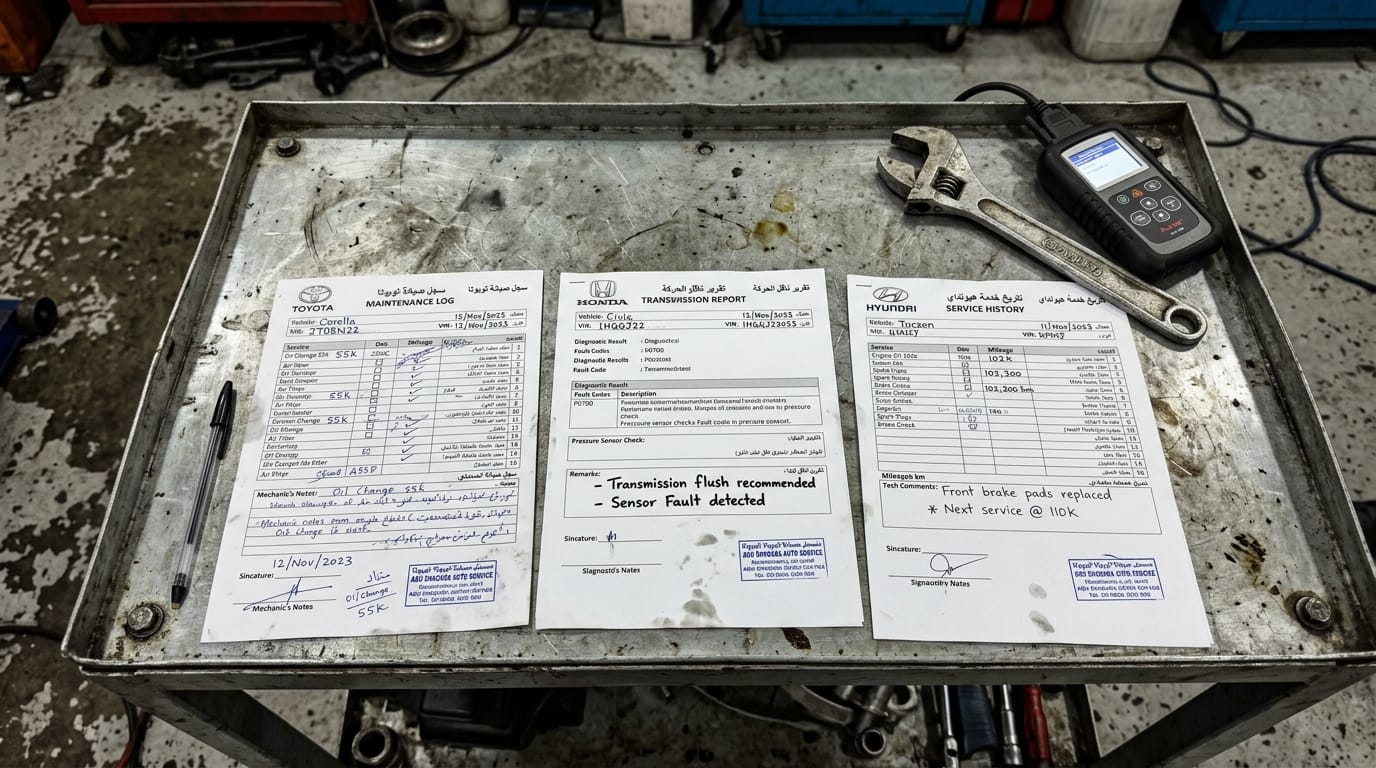 Three car inspection documents spread on a metal workbench inside an Abu Shagara workshop with an OBD scanner