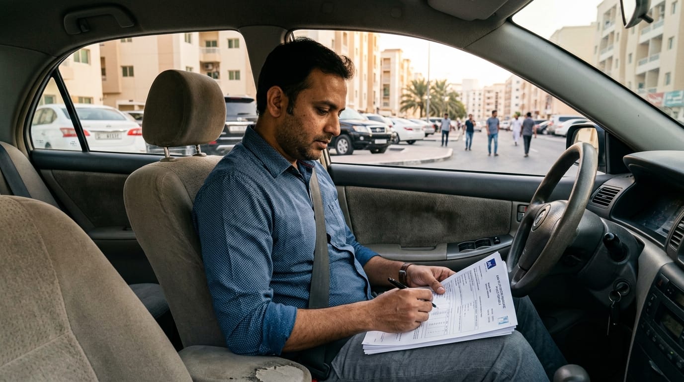 Male expat reviewing car insurance documents on a laptop while sitting in the passenger seat of a used sedan parked in a Dubai residential area