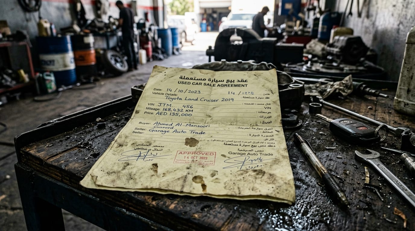 Close-up macro detail of a used car sales contract on an oil-stained workshop desk