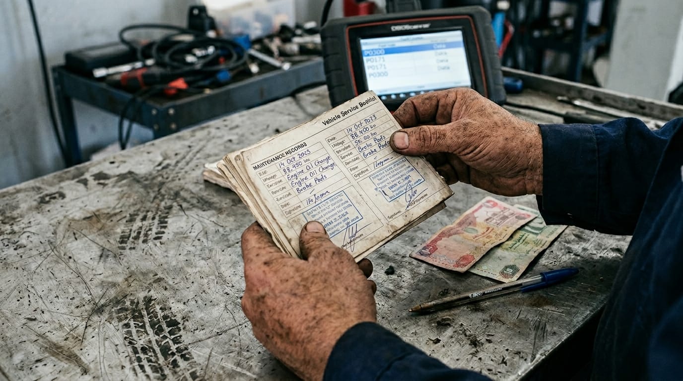 Weathered hands of a UAE mechanic holding an open vehicle service booklet and AED currency notes on a metal workshop table next to an OBD scanner