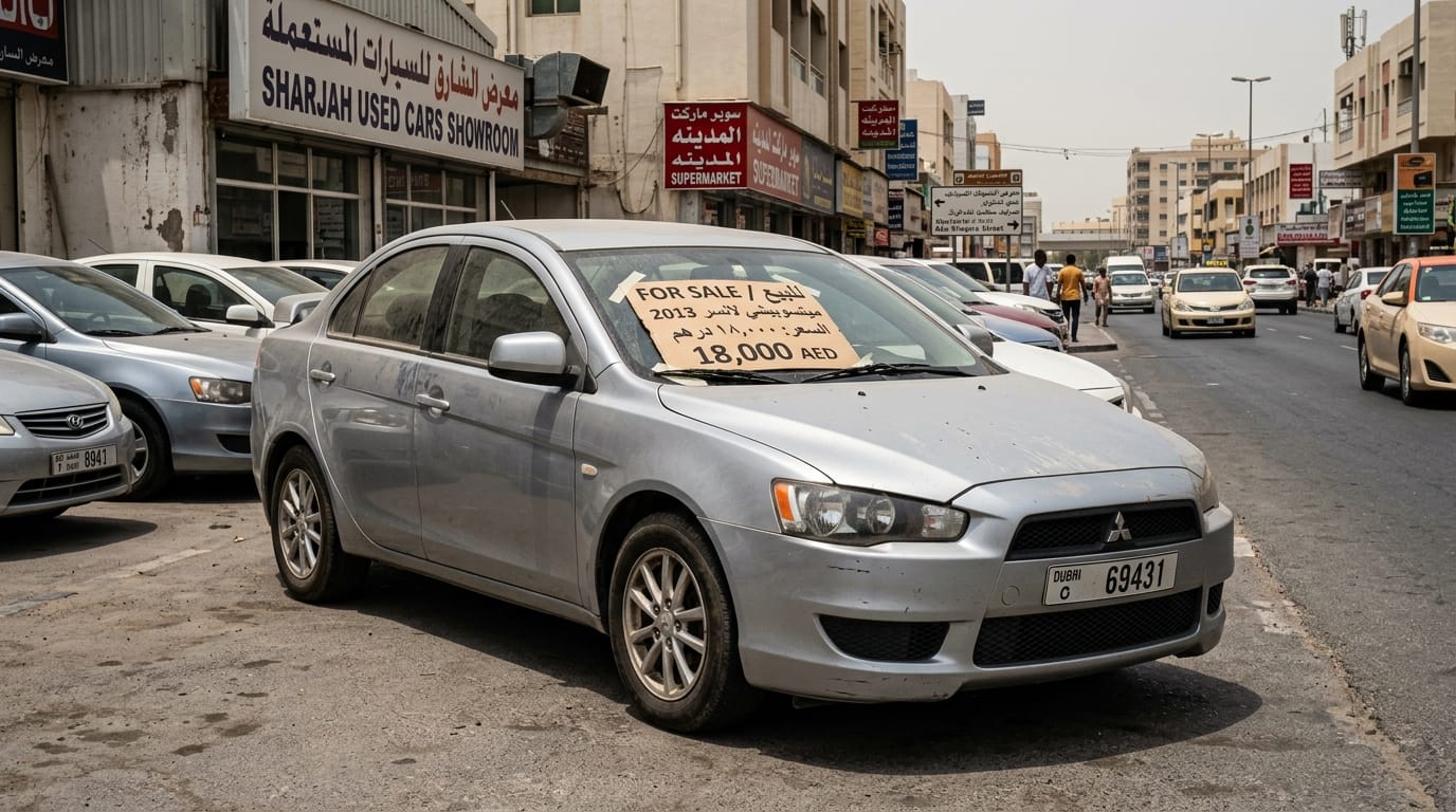 2013 Mitsubishi Lancer parked outside a small used car showroom in Abu Shagara Sharjah with a handwritten price sign on the windshield showing 18000 AED