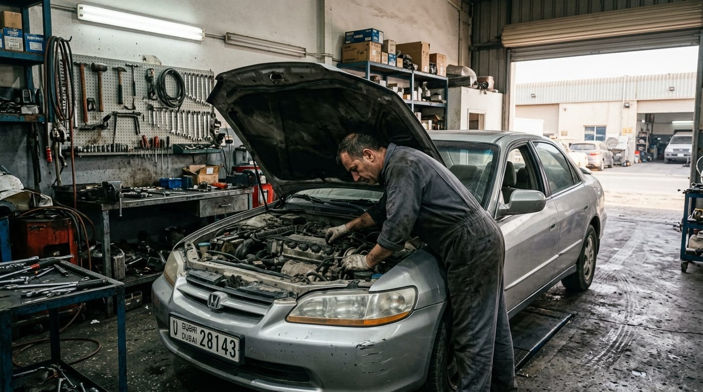 Used Honda Accord 2.4L silver sedan in an Al Quoz Dubai workshop bay with hood open for pre-purchase inspection by a male mechanic