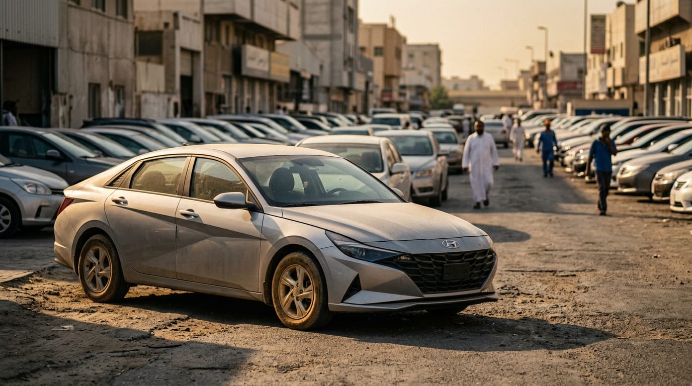 Silver Hyundai Elantra GCC specification parked on a Dubai street near a used car dealership row in Deira with other sedans visible in background under afternoon sun