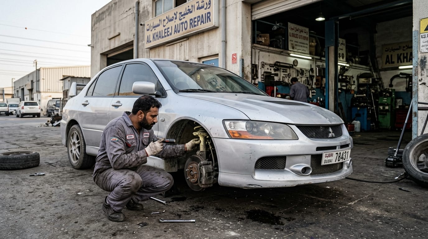 Used Mitsubishi Lancer silver sedan parked outside an Al Quoz workshop in Dubai with a male mechanic inspecting the front wheel arch