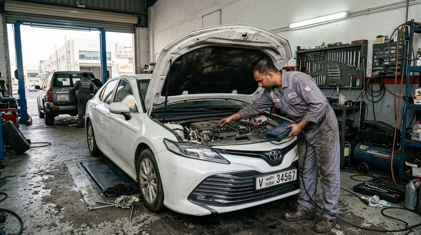Used Toyota Camry 2018 white sedan parked inside an Al Quoz Dubai workshop bay with hood open for inspection by a male mechanic