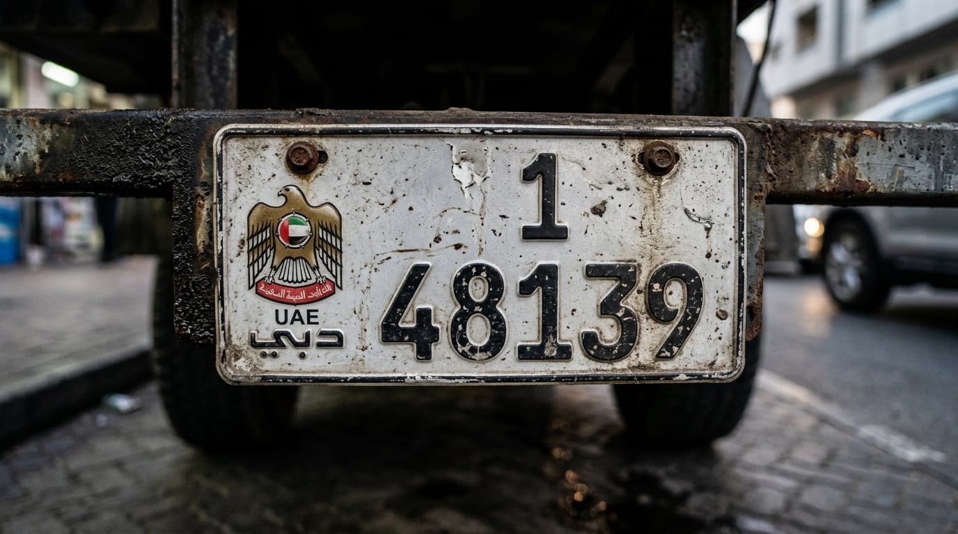 Extreme close-up macro photograph of a vehicle registration plate showing license number and emirate symbol with shallow depth of field, oil-stained setting